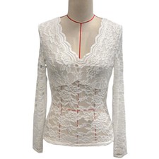 Damen Sexy Slim Spitze Langarmshirt Transparent Party Oberteile Clubwear Top