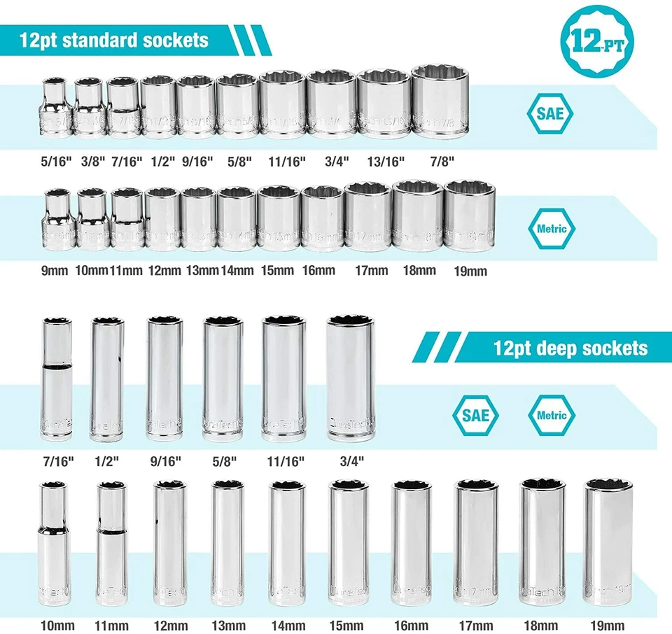 DURATECH 40 PC 3/8"Drive Socket Tool Set SAE/Metric Ratchet Handle Extension Bar - Image 4 of 4