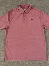 036 Under Armour Polo Shirt Mens Large Striped Loose Heat Gear Short Sleeve Red