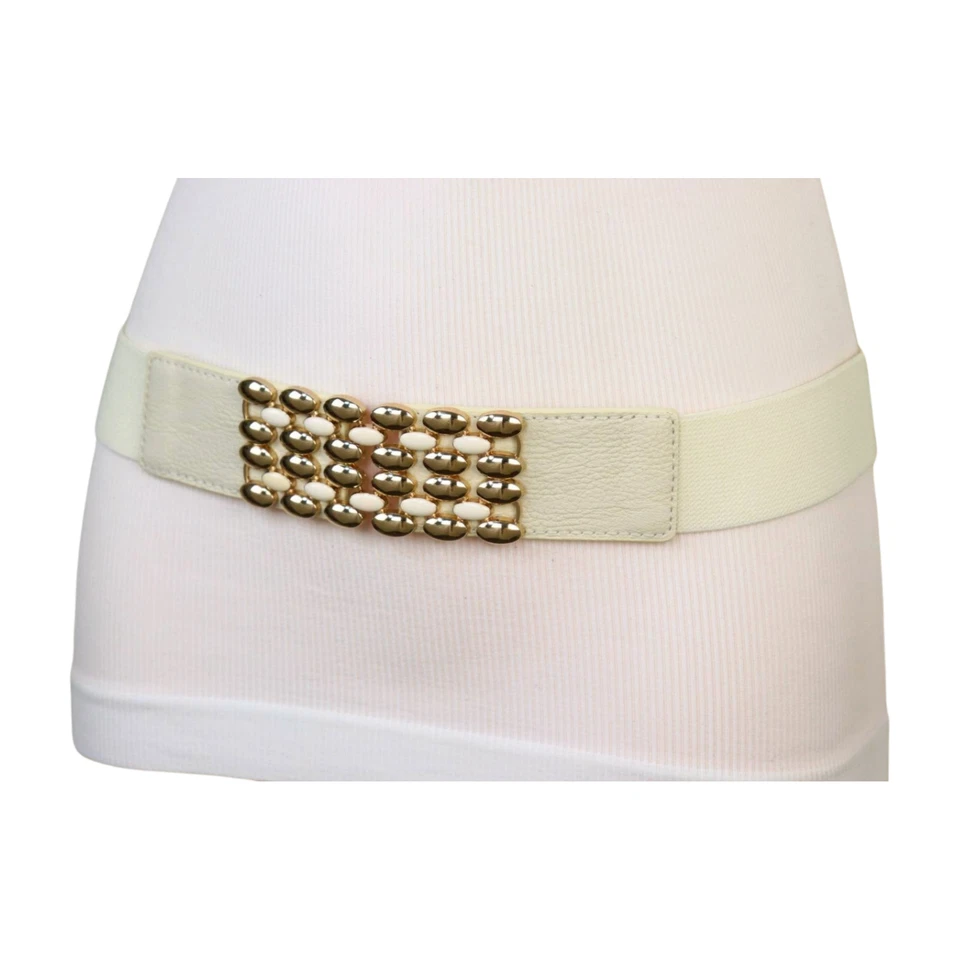 Mujeres Crema Banda Elástica Moda Cadera Cintura Alta Cinturón Dorado Ovalado Lunares Hebilla S M Foto 4 de 4