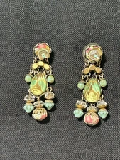 Ayala Bar Signed dangle  post   detailed fabric under glass. 2 layers of beads