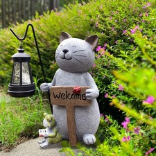 Cat Garden Statue with Solar Lantern: Cat Outdoor Figurine Decorations -Solar...