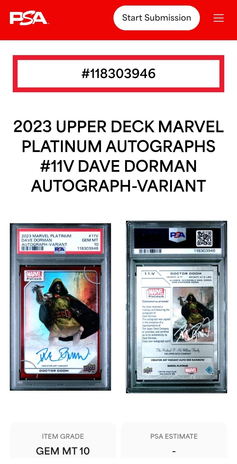 2023 Marvel Platinum Red Rainbow Dave Dorman Doctor Doom PSA 10 GEM MT Auto view 3