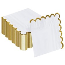 Falizifu White with Gold Foil Scalloped Cocktail Napkins 50 Pack