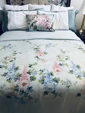 Vintage Cotton Sateen Queen Shanghai Duvet Cover Aqua Zen Asian Floral NWOT