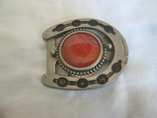 Western Horseshoe Belt Buckle Silver Tone With Orange Swirl Cabochon Vintage