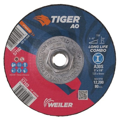 57102 5'' x 1/8'' Tiger Type 27 Cut and Grind Combo Wheel, A30S, 5/8''-11 UNC Nu...