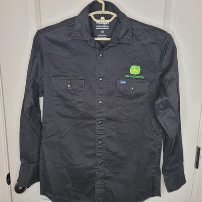 Wrangler John Deere Shirt Mens Medium Black Western Snap Twill Work Long Sleeve