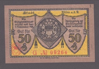 Ulm a.d.D. Stadt; 50 Pfg. vom 22.10.1918; Buchstabe „G" nicht entwertet