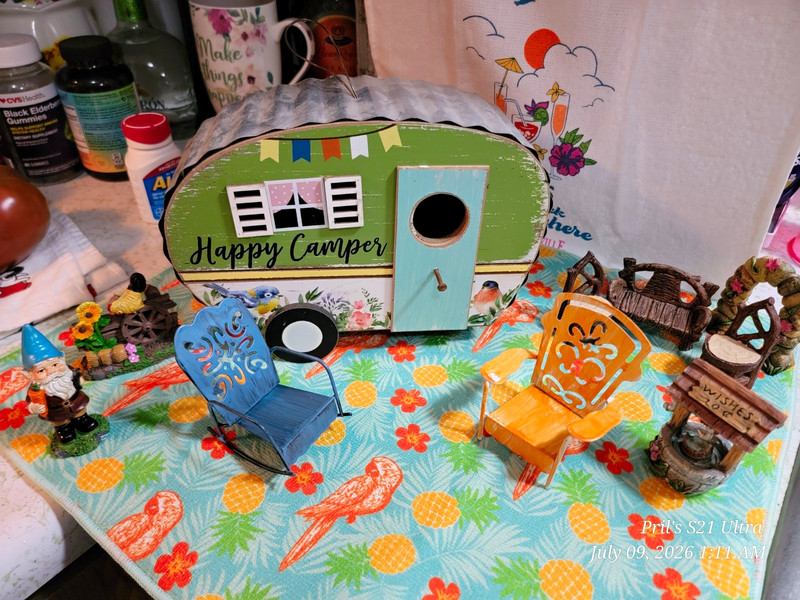 Fairy Garden Gnomes Decor Lot w/ Happy Camper Trailer, Wishing Well & Chairs