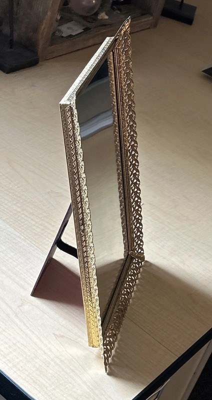 Vintage Gold Toned Filigree Dresser Tray Mirror with  Frame Has Feet And Easel