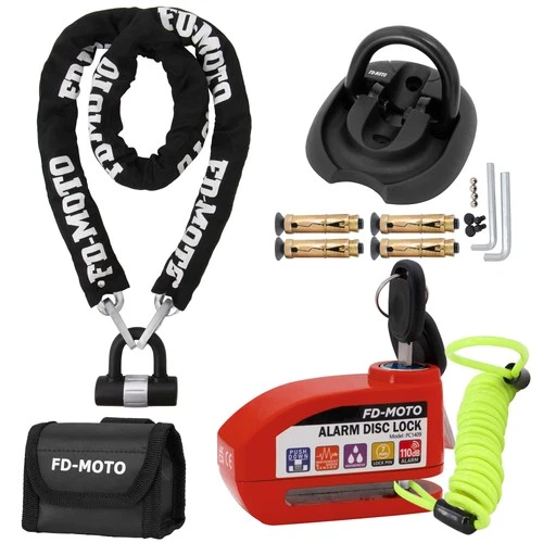 FD-MOTO 1.5M*10mm Motorbike Chain Lock U-Lock Red CE Alarm Disc Lock Wall Anchor