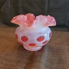 VINTAGE FENTON Cranberry Opalescent Coin Dot Round Bulbous Crimped Vase 3 3/4" T