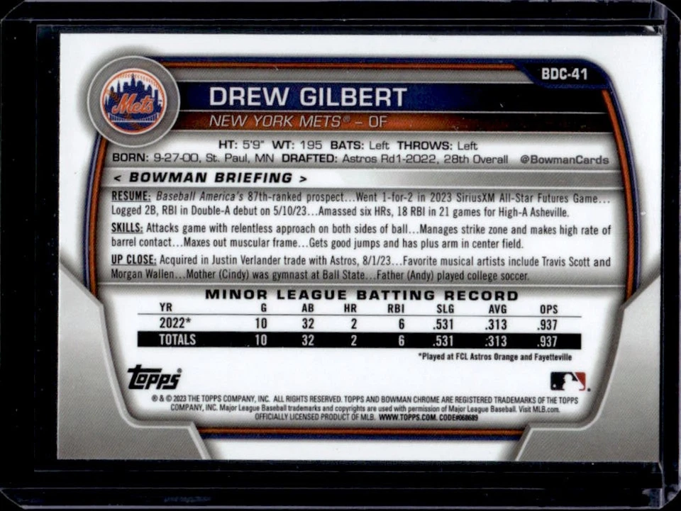 2023 Bowman Draft Drew Gilbert Chrome Prospect Aqua Wave Refractor #99/125 Mets - Image 2 of 2