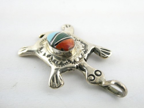 NA Navajo Arnold Maloney Sterling Silver Turtle Multi Gemstone Inlay Pendant - Picture 4 of 12