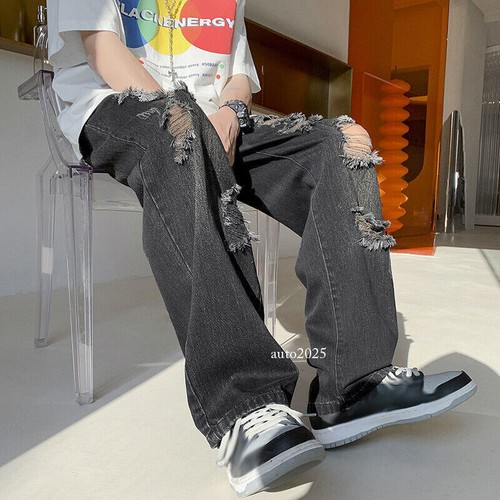 Pantalones de mezclilla rasgados para hombre Pantalones rectos Pierna ancha Hip Hop Verano Informales - Imagen 19 de 26