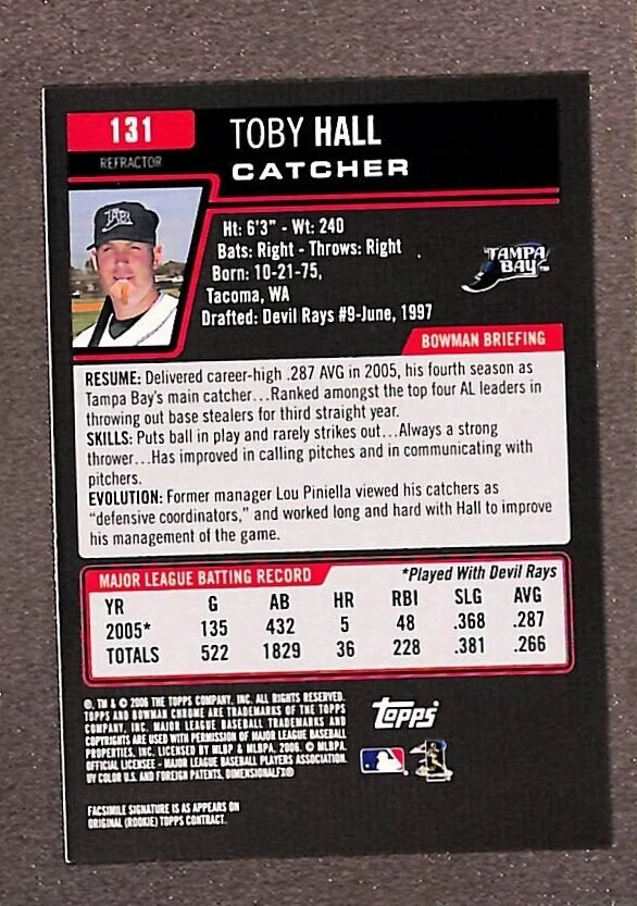 Bowman 2006 cromo refractor dorado #131 Toby Hall/50 faltante error de serie Foto 2 de 3