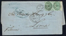 GREAT BRITAIN -  QUEEN VICTORIA 1864 Entire London to Lima bearing two - 41195