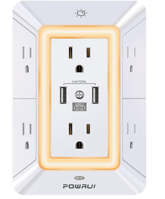 6 Outlet Surge Protector with 3 USB Ports & Night Light - ETL Listed
