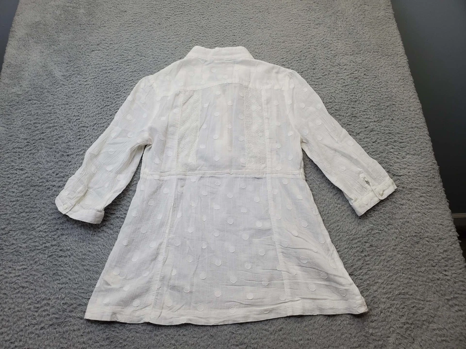 Blusa Top Fossil Mujer Mediana Blanca Lunares Algodón Manga 3/4 Botón Delantero Foto 2 de 4