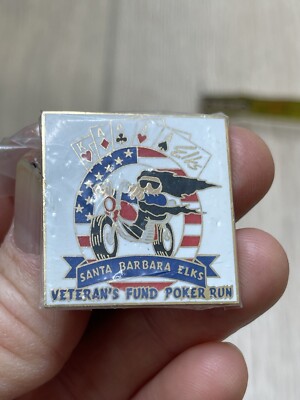 NEW Vintage Santa Barbara Elk s Lodge Veteran's Fund Poker Run Enamel Pin Lapel
