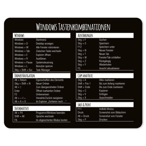 Mauspad mit Windows Tastenkombinationen I 24 x 19 cm I Mousepad in Standargröße - Bild 1 von 6