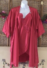 Vtg Intime California Red Satin Lace Peignoir Chemise Nightgown With Robe S