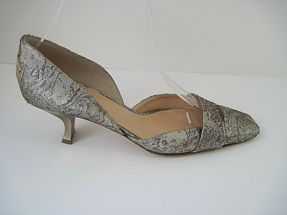 MARY NORTON Gold Silver Metallic Fabric Heels Pumps Size 36 1/2 - Image 3 of 4