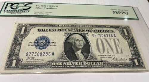 1928-A $1 FUNNYBACK SILVER CERTIFICATE FR. 1601 PCGS 58 PPQ CU NEW🌟