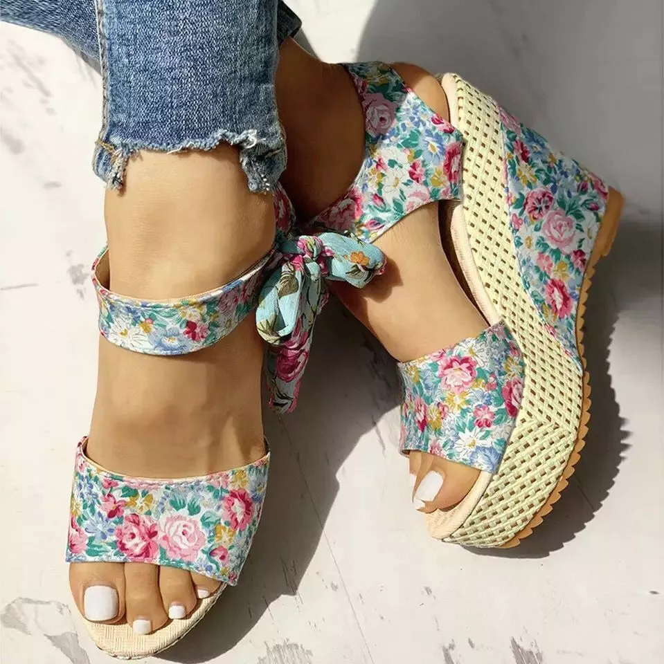Women Wedge High Heels Lace Bowknot Sandals Open Toe Platform