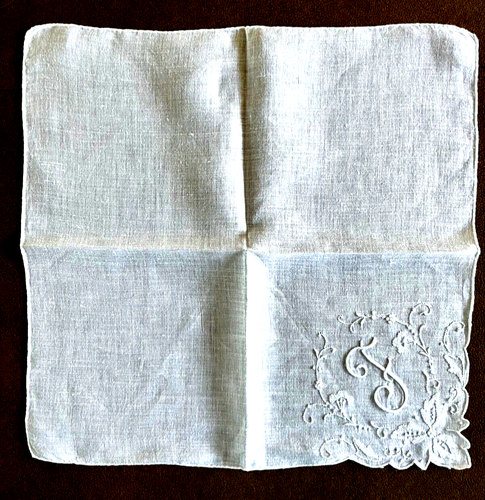 Vintage Handmade White Linen Embroidered 12" Handkerchief - "F" - Picture 2 of 4