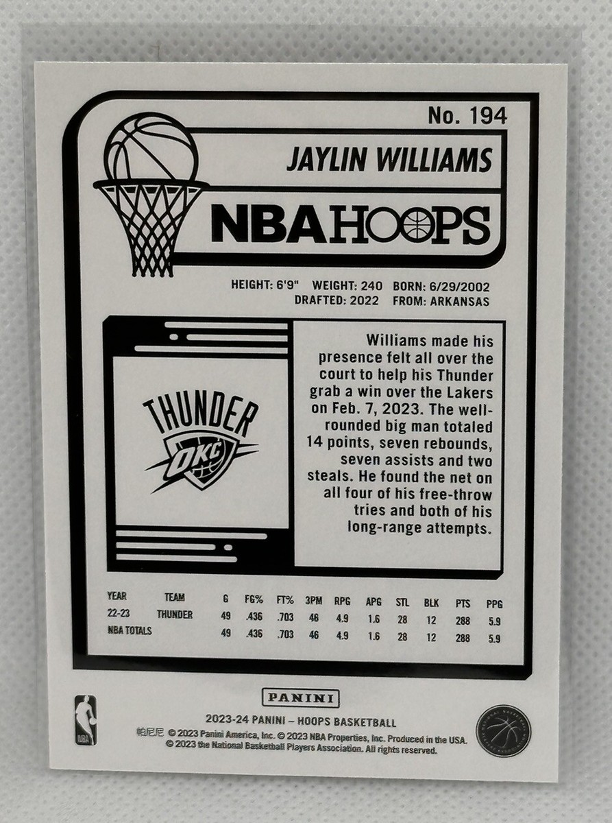 Jaylin Williams 2023-24 Panini NBA Hoops #194 Oklahoma City