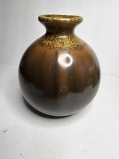 Mid Century Crystalline Brown Drip Glazed Stoneware Pottery Flower Vase.        