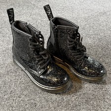 Dr Martens Doc 1460J Boots Youth 11 Black Glitter Leather Airwair Zip Lace Up