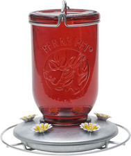 Red Mason Jar Vintage Glass Hummingbird Feeder - Outdoor Garden D cor - 32-Oz Ca