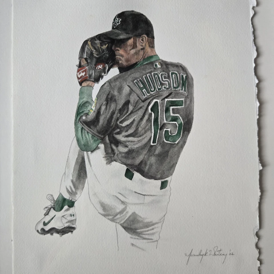 Pintura Acuarela Original Tim Hudson por Macaulay Whitney Oakland A's MLB Foto 2 de 4