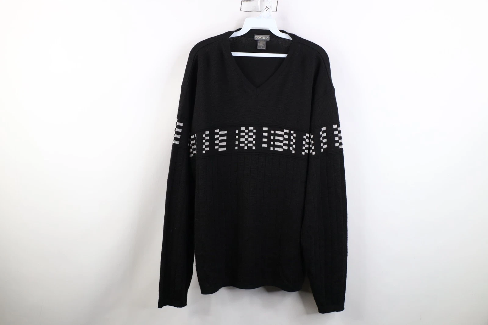 Vtg 90s Streetwear Mens Large Merino Wool Blend Ribbed Checkered Knit Sweater
