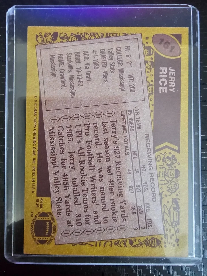 Tarjeta de novato 1986 Topps Football Jerry Rice #161 RC Foto 2 de 2