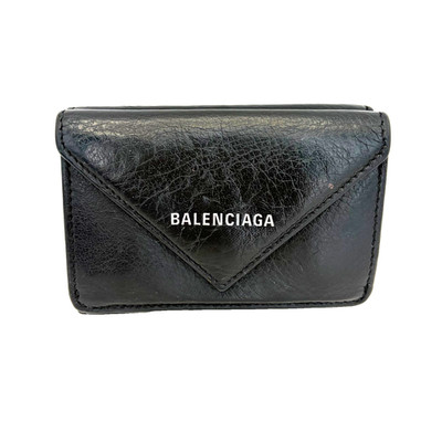 BALENCIAGA Mini Papier Trifold Wallet Black Leather Compact Card Case