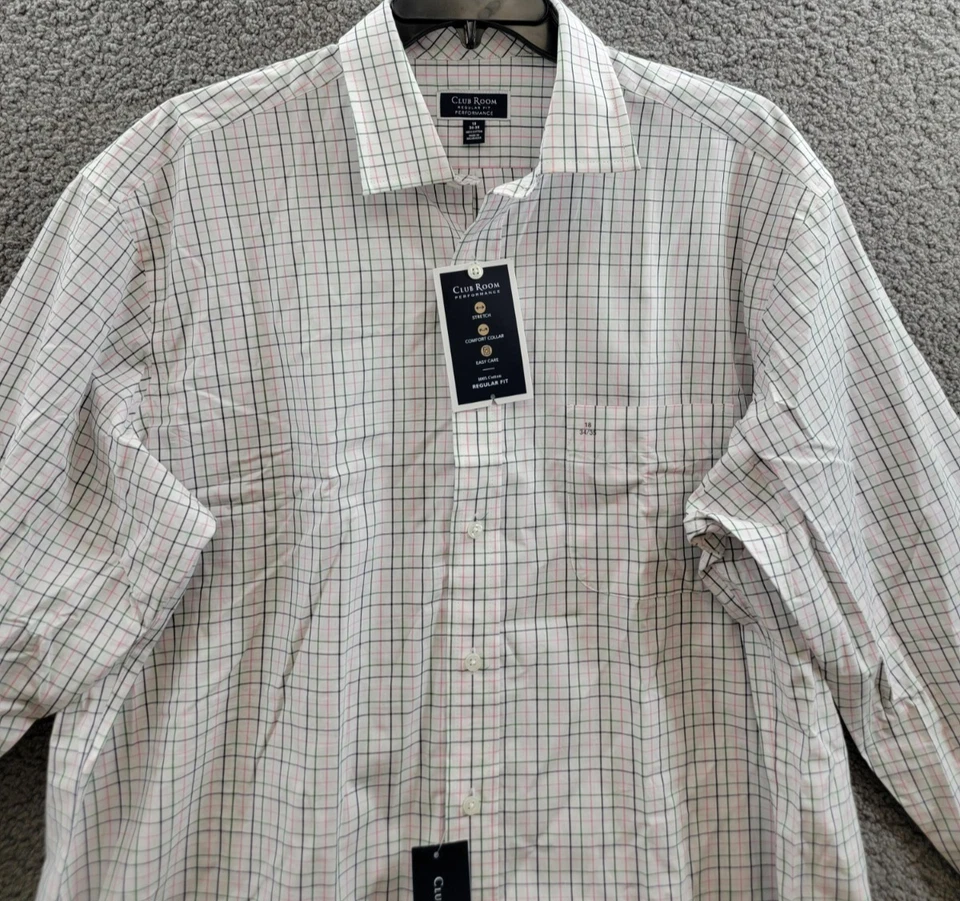 Camisa de vestir a cuadros Club Room ajuste regular Letto para hombre 18 34-35 verde/rosa L/S Foto 3 de 4