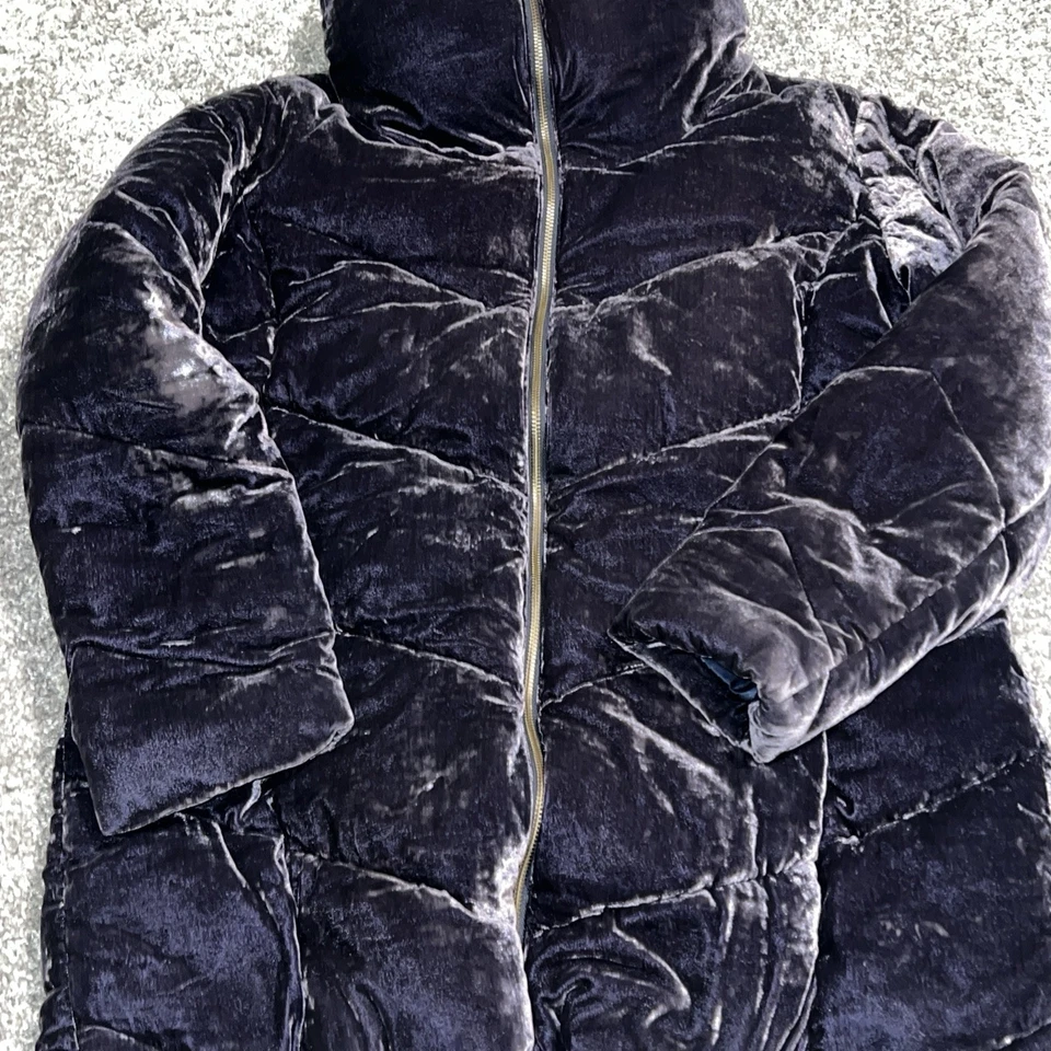 Talbots Velvet Puffer Coat Dark Purple Womens Large Quilted Fluffy Cowl Jacket - Image 2 of 4