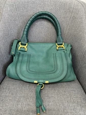 Chloe MARCIE Rare Emerald Green Grained Leather Handbag Braided Handle Tote Gold