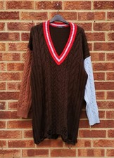 Boohoo brown jumper dress cable knit colourblock blue ripped distressed oversize
