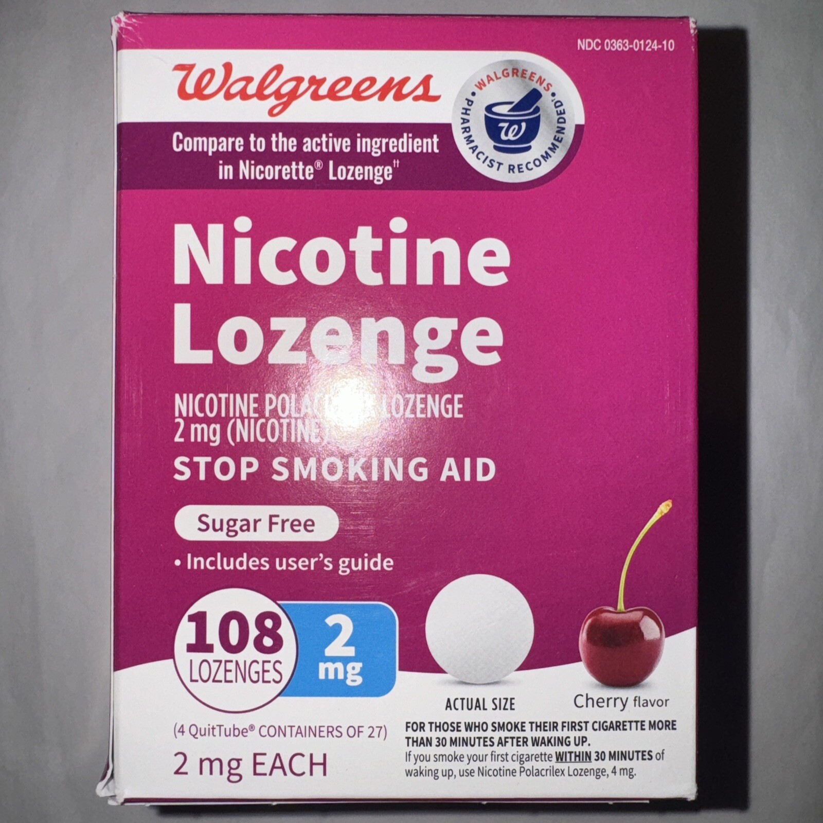 Walgreens NICOTINE LOZENGE CHERRY FLAVOR 2mg 108 Lozenges STOP SMOKING