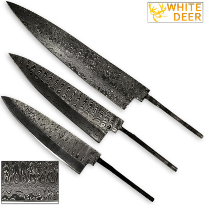 WHITE DEER Chef Knife Blank Cutlery Trio Damascus Steel Forged Set of 3 CUSTOM