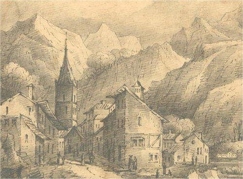 19th Century Graphite Drawing - Alpine Town