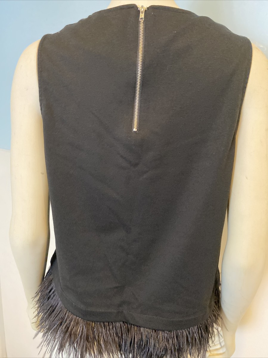 W5 Black Sleeveless Round Neck Top with Feather Hem Size L W5 Black Sleeveless Round Neck Top with Feather Hem Size L