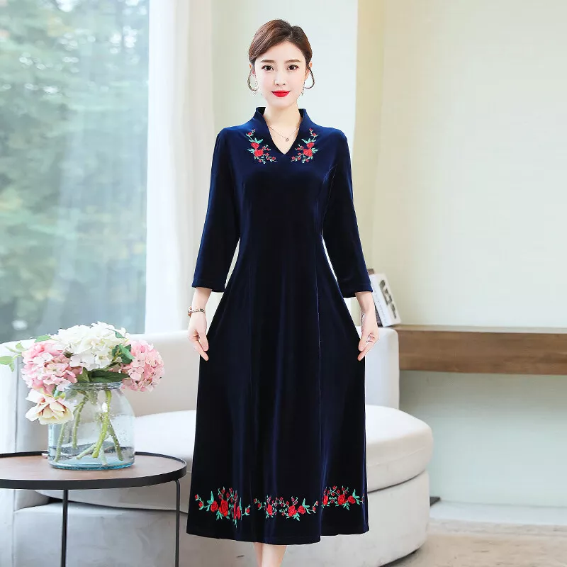 Velvet top embroidery dresses
