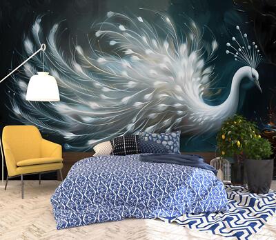 Weißer Pfau auf lebendiger Girlande Tapete Wandbild abnehmbar abziehbar abziehen & kleben