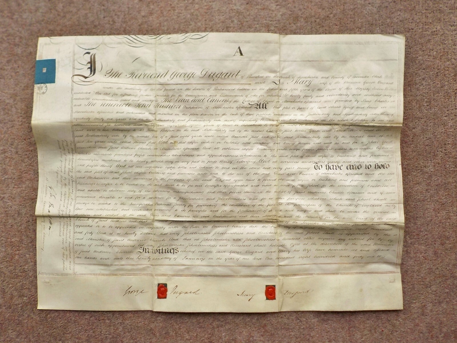 1846 Manchester School for the Poor manuscript Vellum Deed Document Plan